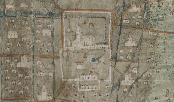 Detail of Tenochtitlan City showing the Central Plaza, 1550 Uppsala Map