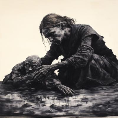 Käthe Kollwitz creates—or saves a man from becoming—a bog body. Image Credit: MidJourney and K. Kris Hirst