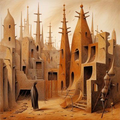 How the Spanish surrealist artist Remedios Varo might have painted the mud architecture of Mali. Image Credit: MidJourney and K. Kris Hirst