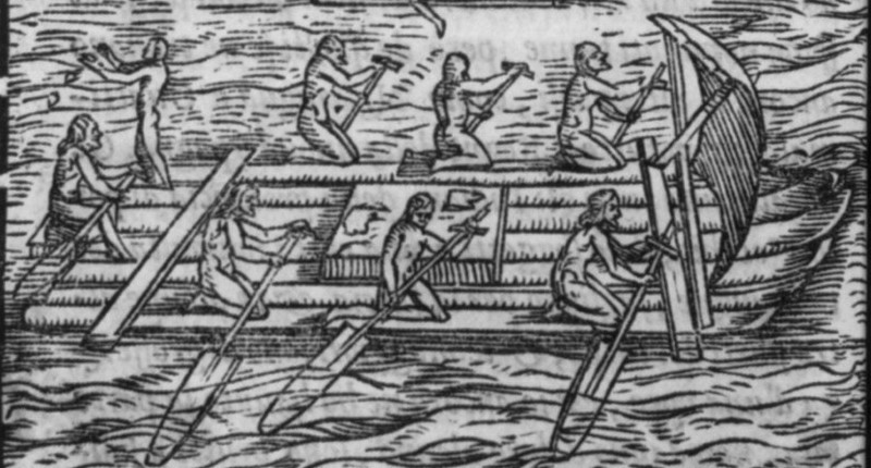 In the 16th century, Italian trader Girolamo Benzoni described a raft carrying 20 men with many silver objects which they exchanged for shells