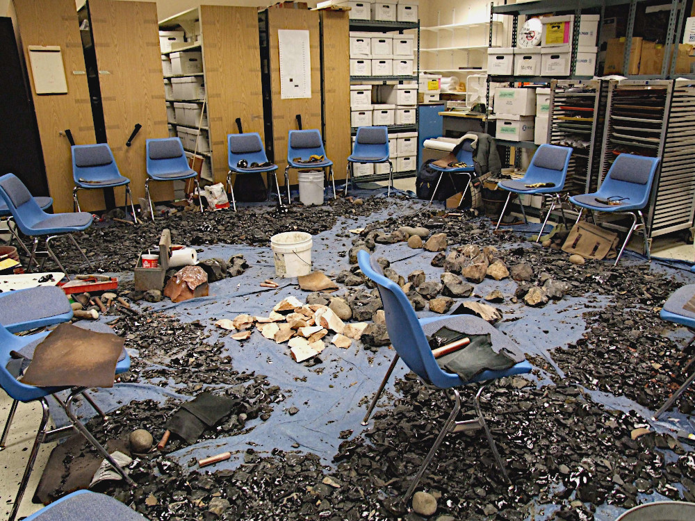 Flintknapping debris in an archaeology laboratory