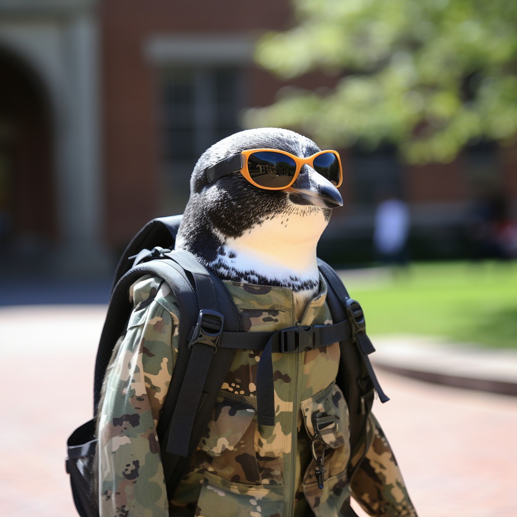 Molly in camouflage on campus during the dry season. Image Credit: MidJourney and K. Kris Hirst