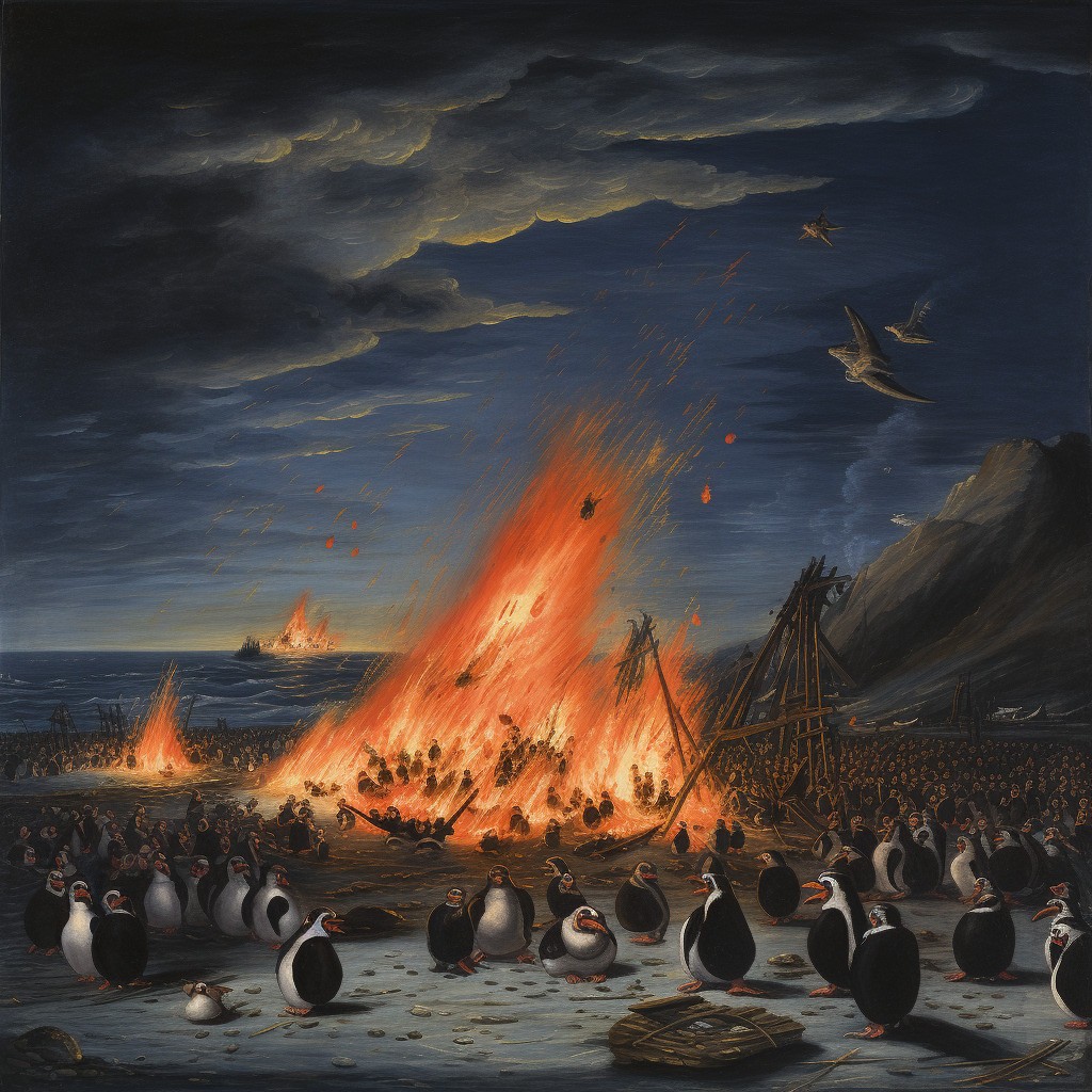 Participants in the Big Burn watch bundles of shed feathers float up toward the Great Awk in the Clouds. Image credit Kris Hirst and MidJourney.