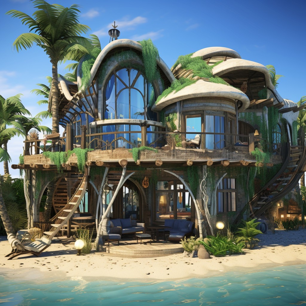 Private beach house at Club Sylv. Image Credit: MidJourney and K. Kris Hirst