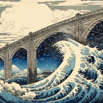 Japanese artist Katsushika Hokusai might have made something like this: a woodcut image of a Roman aqueduct. Image Credit: MidJourney and K. Kris Hirst