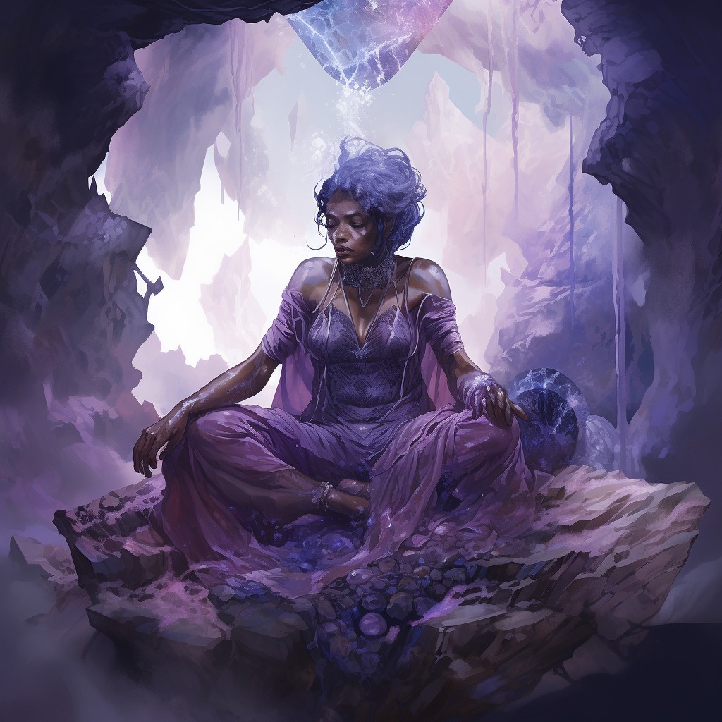 Jewel Djinni in her amethyst geode creche. Image credit: K. Kris Hirst and MidJourney