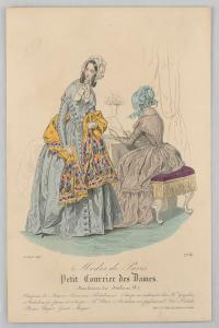 Stylish French woman wearing a Kashmiri shawl with an elaborate paisley pattern in red, blue, green, and white with a yellow fringe at the bottom. Paris France fashion illustration, 1840s. Image credit: Look and Learn, public domain (CC 1.0)