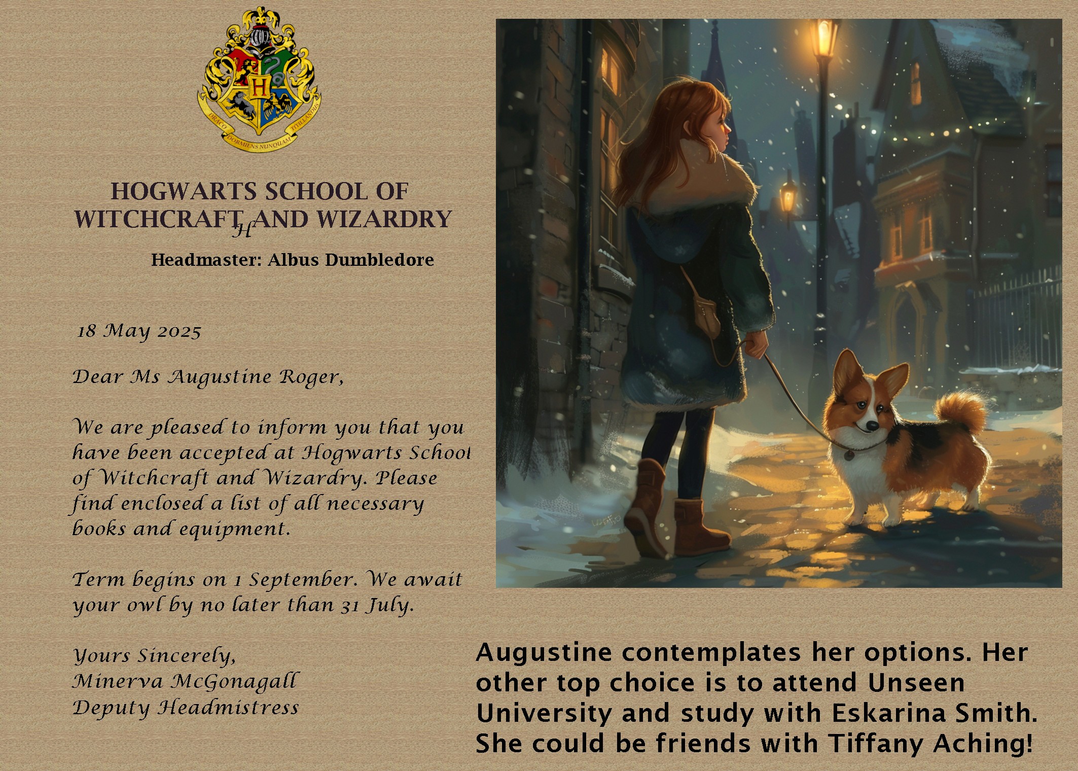 If my sources are correct, Gussie turns 11 this year, and she awaits matriculation in one of the major wizarding schools in the world. Happy Birthday, Augustine Roger! Image Credit: GIMP, MidJourney, and K. Kris Hirst. The Hogwarts logo was retrieved from WikiMedia, created by ((BassemImBeWiki))