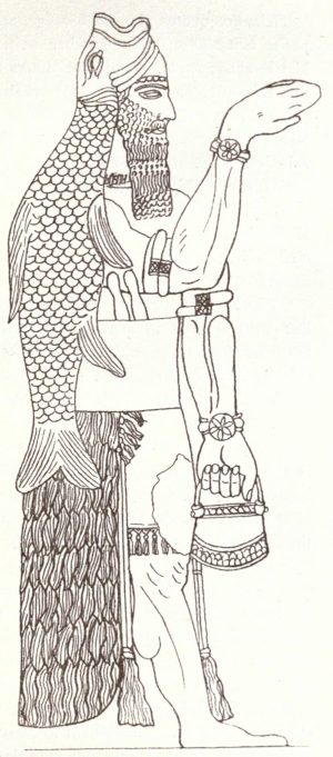 Book 1 in the Babyloniaca includes the tales of the seven hybrid fish-men (apkallu in Akkadian) who emerged from the Red Sea to act as sages and advisors for the reigns of the antediluvian kings. Shown here is Oannes (aka U'an in Sumerian or Adapa in Akkadian), the leader of the apkallu, who taught those kings writing, laws, agriculture and all things associated with a civilized life. Image from Ashton 1890, in the public domain.